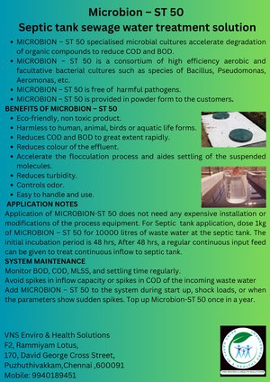 Microbial solution for Sptic tank , sewage wtaer treatment